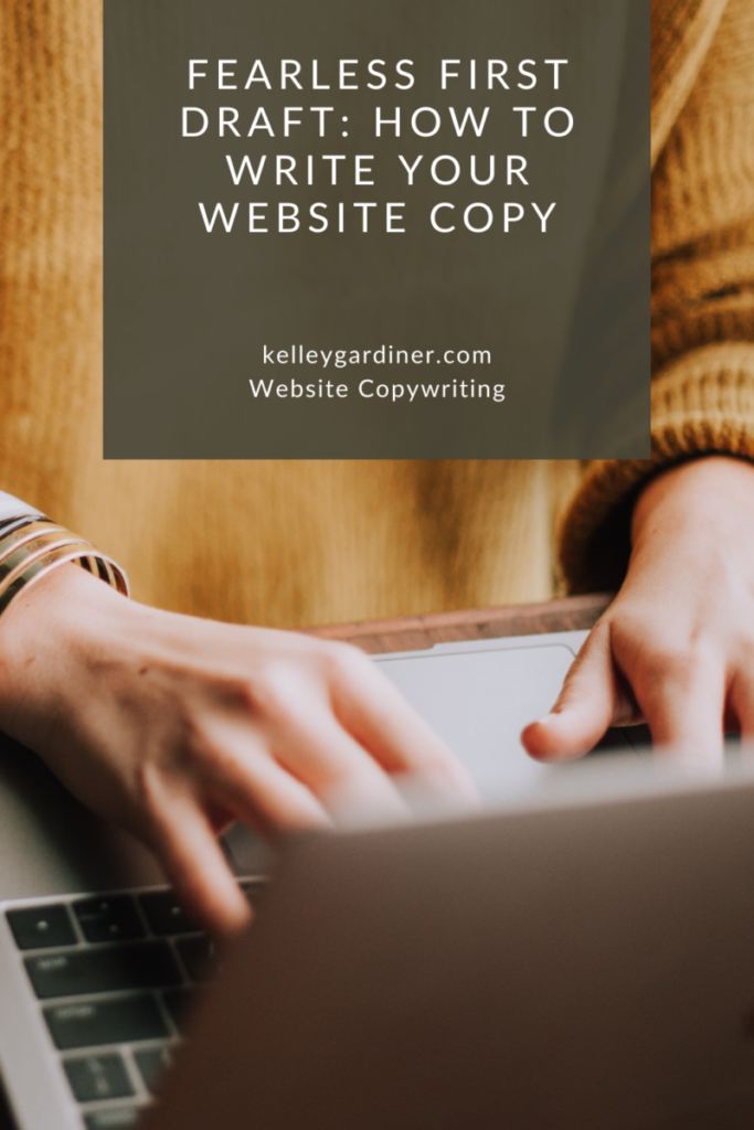 Closeup of hands typing on laptop, background of person in mustard-colored sweater. Text includes "How to write your website copy"